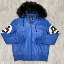 Blue Hooded 8 Ball Leather Jacket