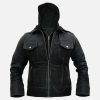 Removable Hood Black Leather Jacket