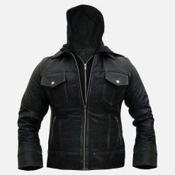 Removable Hood Black Leather Jacket