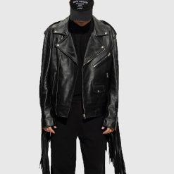 Mens Leather Motorcycle Cowboy Fringed Jacket