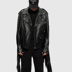 Mens Leather Motorcycle Cowboy Fringed Jacket