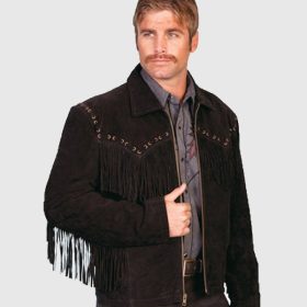 Mens Black Boar Suede Western Fringe Jacket
