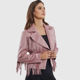 Pink Vegan Suede Western Leather Fringe Jacket
