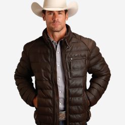 Mens Dark Brown Leather Puffy Jacket