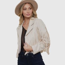 Vegan White Soft Western Fringe Leather Jacket