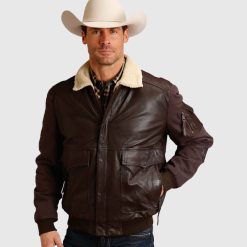 Mens Dark Brown Leather Fur Bomber Jacket
