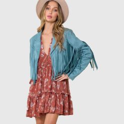 Women Western Faux Suede Leather Fringe Jacket