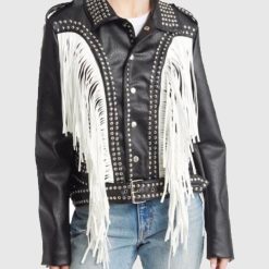 Womens Silver Studs White Fringe Leather Jacket