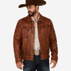 Mens Tan Leather Trucker Jacket