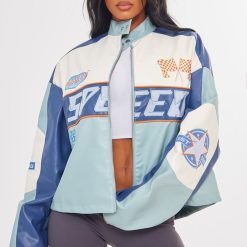 Blue Faux Leather Motor Slogan Front Oversized Jacket