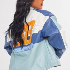 Blue Faux Leather Motor Slogan Front Oversized Jacket