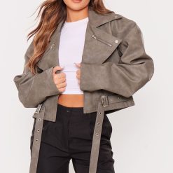 Charcoal Faux Leather Oversized Buckle Detail Biker Jacket