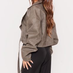 Charcoal Faux Leather Oversized Buckle Detail Biker Jacket