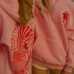 Pink Palm Puff Hoodie emboridery