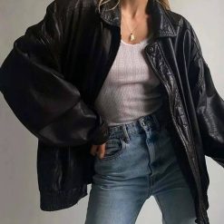 Women Black Oversize Bomber Lambskin Soft Leather Jacket