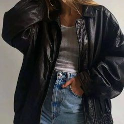 Women Black Oversize Bomber Lambskin Soft Leather Jacket