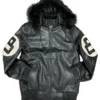 Front view of the 8 Ball Fur Hood Black Leather Jacket, featuring a sleek black leather design with a fur-lined hood and signature 8-ball detailing.