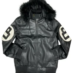 Front view of the 8 Ball Fur Hood Black Leather Jacket, featuring a sleek black leather design with a fur-lined hood and signature 8-ball detailing.