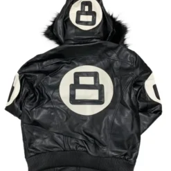Back view of the 8 Ball Fur Hood Black Leather Jacket featuring a bold 8-ball design and a plush fur-trimmed hood.