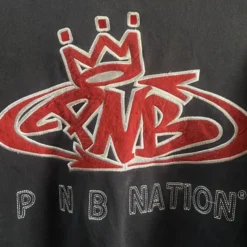 Close-up view of a 90s PNB Nation Hip-Hop Group Clothing Hoodie, showcasing fabric texture, logo, and design details.