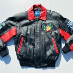Front view of a 90’s Winnie The Pooh & Friends leather jacket in blue, featuring classic character graphics and vintage styling.