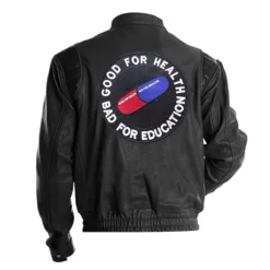 Back view of the Akira Kaneda Capsule Black Leather Jacket, featuring a bold red capsule design on black leather.