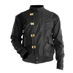 Akira Kaneda Capsule Black Leather Jacket – front view showcasing sleek black leather design with red capsule emblem on the back.