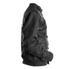 Side view of the Akira Kaneda Capsule Black Leather Jacket in black genuine leather, featuring a sleek design with a high collar and signature capsule patch on the back.