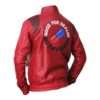 Back view of a red Akira Kaneda Capsule Black Leather Jacket featuring a signature capsule patch design.