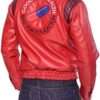 Side view of the Akira Kaneda Capsule Black Leather Jacket in red, featuring the signature capsule patch on the back.
