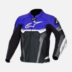 Front view of Alpinestars Blue Croes Celer Motorcycle Jacket, featuring a sporty design with protective padding and ventilation.