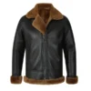 Front view of a classic B3 Bomber Aviator Shearling Jacket, featuring a thick shearling collar, premium leather exterior, and sturdy front zipper closure.