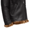 Side close-up view of the B3 Bomber Aviator Shearling Jacket showcasing premium leather, plush shearling lining, and sturdy stitching.