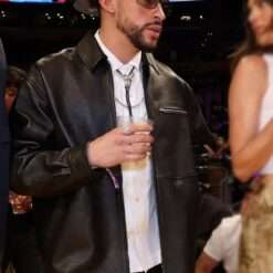 Bad Bunny Lakers Game Black Leather Jacket - Front Side View