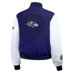 Back view of the Baltimore Ravens Varsity Full-Zip Jacket featuring team graphics and a stylish design.