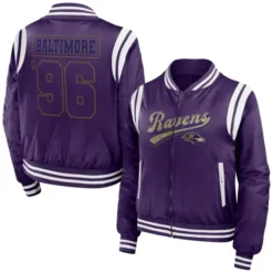 Front and back view of Baltimore Ravens Women's WEAR Purple Bomber Jacket with team logo and stylish design.
