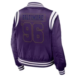 Back view of the Baltimore Ravens Women's WEAR Purple Bomber Jacket, showcasing the team logo and stylish design.