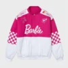 Front view of the Barbie Checkered Racing Jacket, featuring a bold checkered pattern with vibrant Barbie-themed details.
