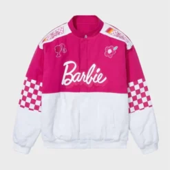 Front view of the Barbie Checkered Racing Jacket, featuring a bold checkered pattern with vibrant Barbie-themed details.