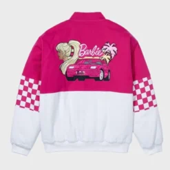 Back view of the Barbie Checkered Racing Jacket featuring a bold checkered pattern and stylish racing-inspired design.
