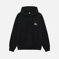 Front view of a black Basic Stüssy Hoodie with Stüssy logo on the chest.