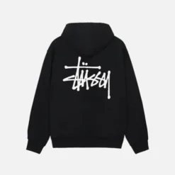 Back view of a black Basic Stüssy Hoodie featuring a relaxed fit and soft fabric.