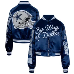 Full front and back view of the By Way of Dallas Cowboys Varsity Jacket.
