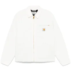 Front view of Carhartt WIP OG Detroit White Jacket, featuring a relaxed fit, full zip closure, and classic collar.