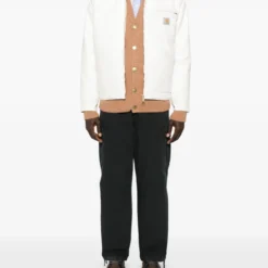 Full view of Carhartt WIP OG Detroit White Jacket, showcasing its durable cotton canvas fabric, utility pockets, and corduroy collar.