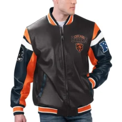 Front view of the Chicago Bears Black Varsity Leather Jacket featuring the team's logo and stylish design.