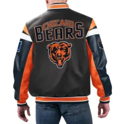Back view of Chicago Bears Black Varsity Leather Jacket featuring team logo and stylish design.