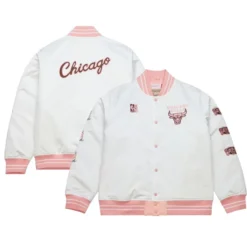Front and back views of the Chicago Bulls S.O.U.L. Cherry Bomb Varsity Jacket in white and pink.