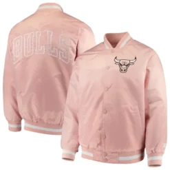 Chicago Bulls Starter Satin Full-Snap Pink Jacket – Front and Back View