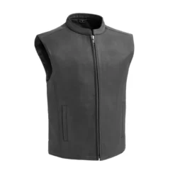 Front view of the Club House Men’s Leather Motorcycle Vest, made from premium black leather with a sleek design.